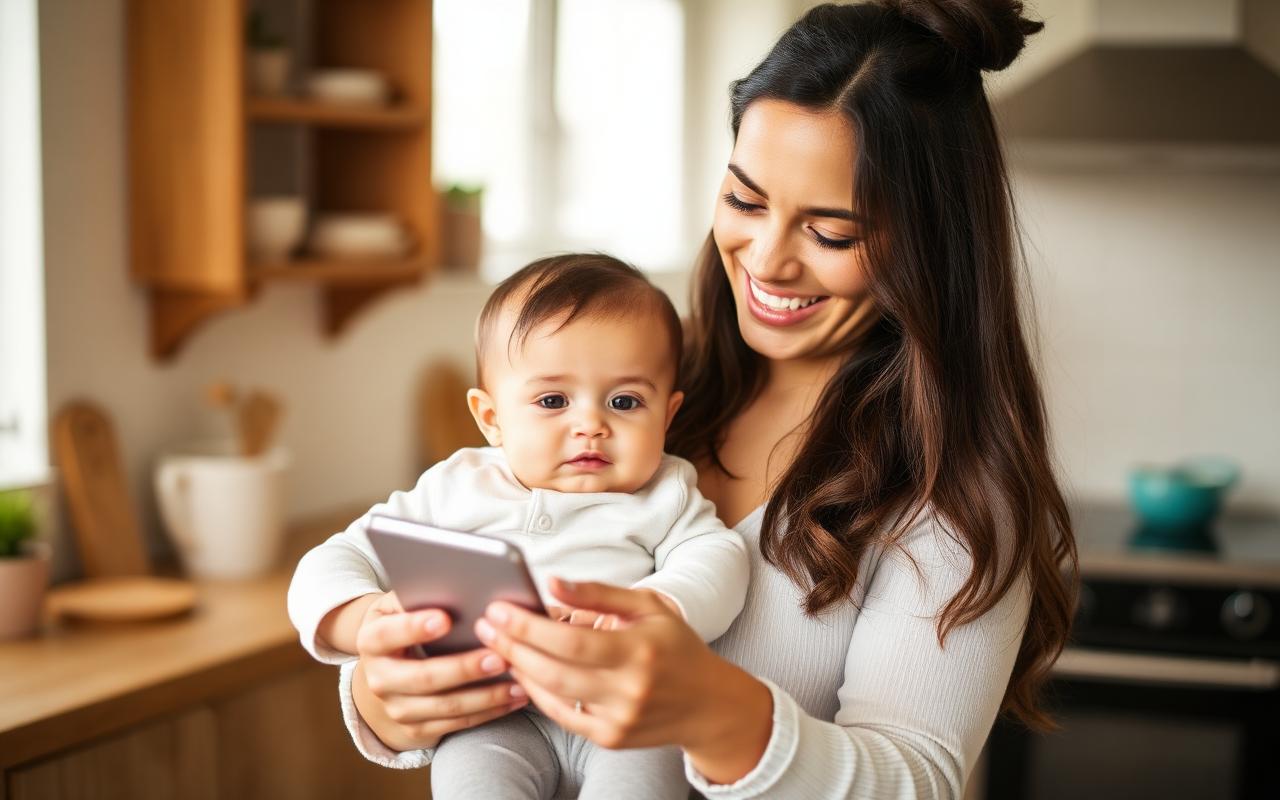 Mamá feliz junto a su bebé revisando la guía